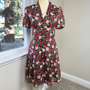 Betsey Johnson Roses Floral Print Mini Tea Dress Womens 2‎ Whimsical Charming